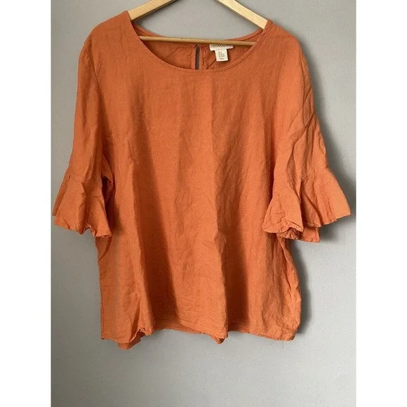 Cynthia Rowley Linen Blouse Women's Size 1X Flutter Bell Sleeve Scoop Neck - Picture 1 of 7